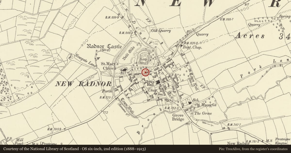 Ordnance Survey six-inch map, 2nd edition (1888–1913) covering the location of Telephone Call-box to rear of pavement to left of No.6 (Post Office) High Street, New Radnor, Powys, with a pin at the register's coordinates