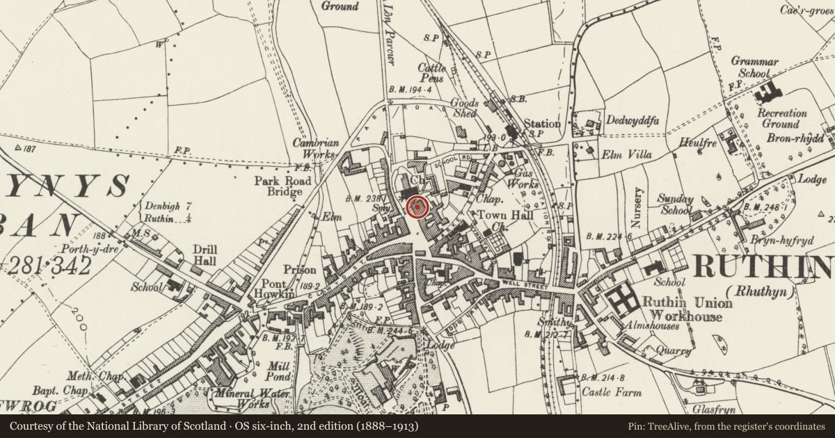 Ordnance Survey six-inch map, 2nd edition (1888–1913) covering the location of 16 St Peter's Square, including churchyard boundary wall to rear, Ruthin, Denbighshire, with a pin at the register's coordinates