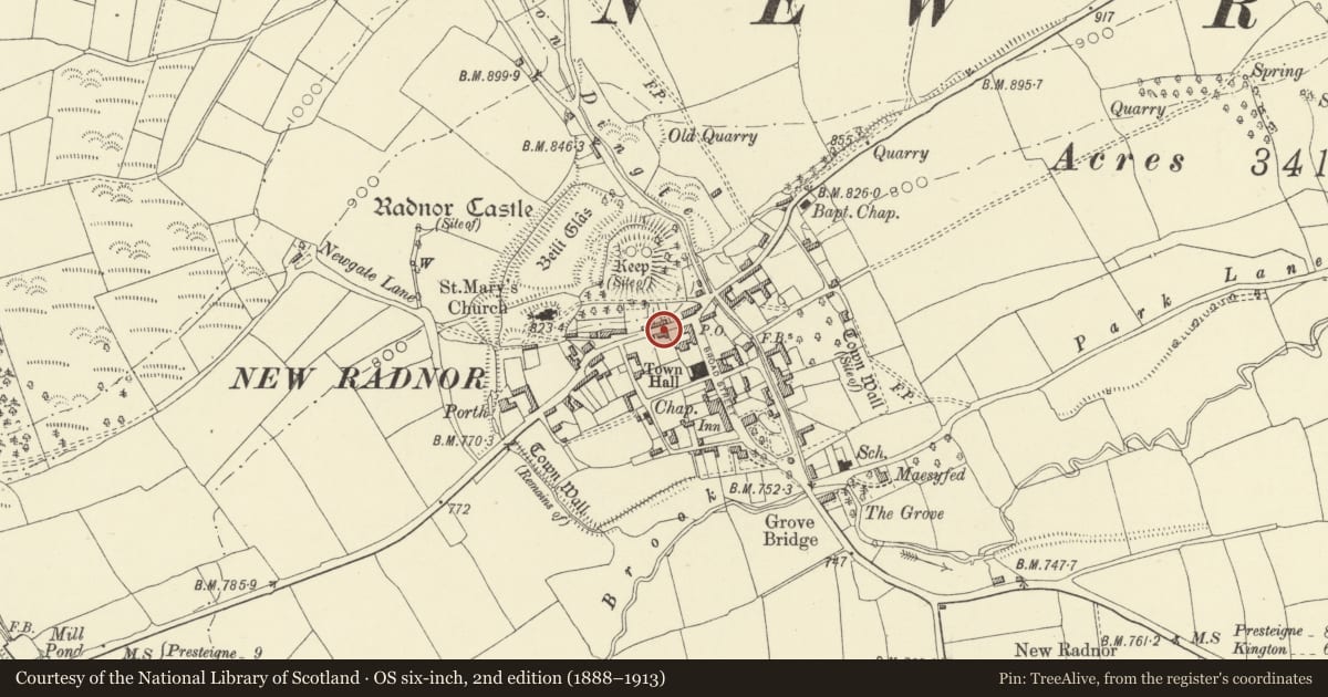 Ordnance Survey six-inch map, 2nd edition (1888–1913) covering the location of Rainbow Cottage including shop on right, New Radnor, Powys, with a pin at the register's coordinates