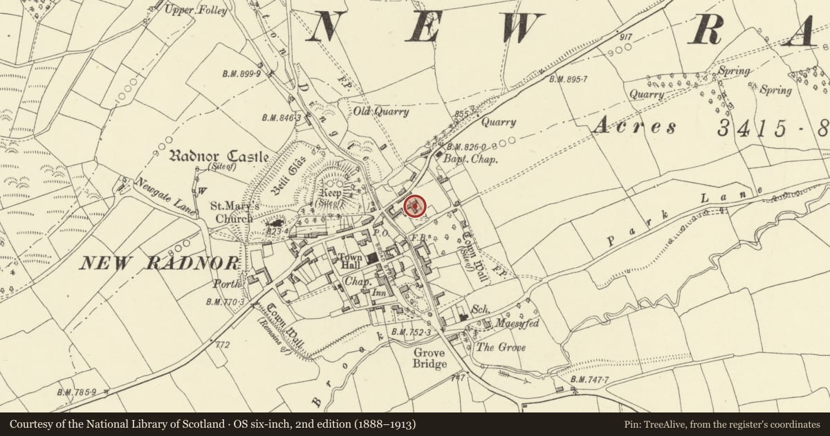 Ordnance Survey six-inch map, 2nd edition (1888–1913) covering the location of Part of L-Plan Farm Range 30m NE. of Brookside Farmhouse, New Radnor, Powys, with a pin at the register's coordinates