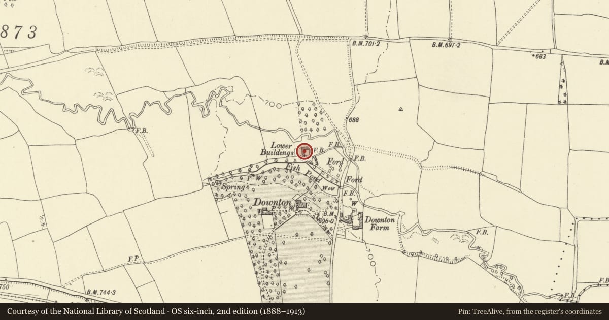Ordnance Survey six-inch map, 2nd edition (1888–1913) covering the location of Part of L-Plan Ranges of Barns to N of Downton House, New Radnor, Powys, with a pin at the register's coordinates