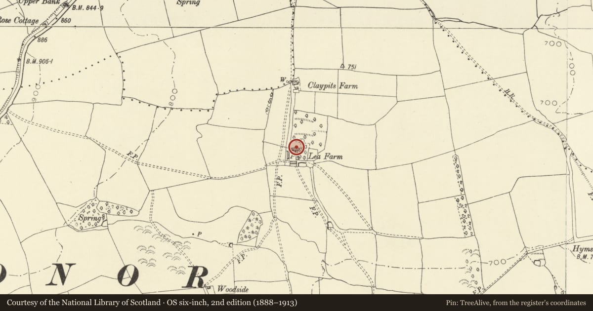 Ordnance Survey six-inch map, 2nd edition (1888–1913) covering the location of Lea Farmhouse, New Radnor, Powys, with a pin at the register's coordinates