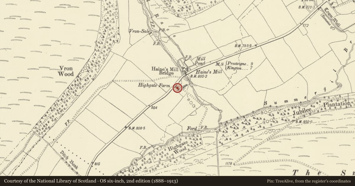 Ordnance Survey six-inch map, 2nd edition (1888–1913) covering the location of Highgate Farmhouse, New Radnor, Powys, with a pin at the register's coordinates