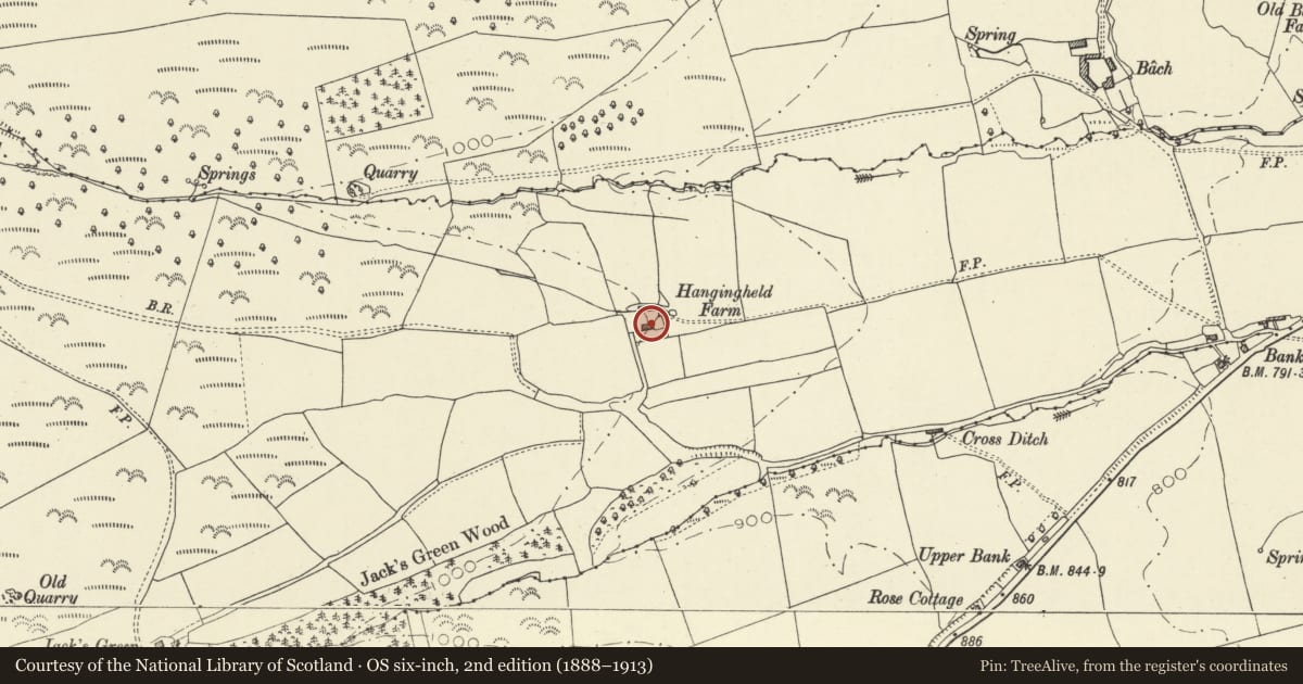 Ordnance Survey six-inch map, 2nd edition (1888–1913) covering the location of Farm Range about 30m N of Ferndale Farmhouse, New Radnor, Powys, with a pin at the register's coordinates