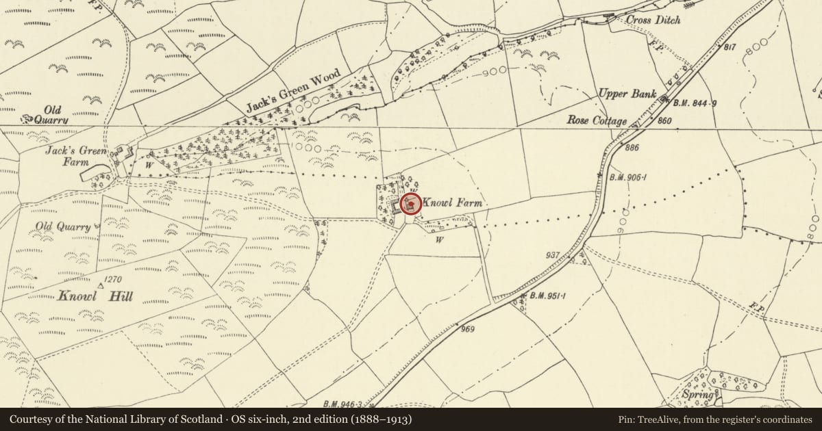 Ordnance Survey six-inch map, 2nd edition (1888–1913) covering the location of Knowle Farmhouse, New Radnor, Powys, with a pin at the register's coordinates