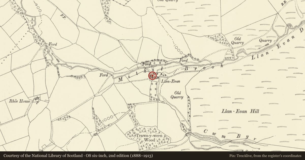 Ordnance Survey six-inch map, 2nd edition (1888–1913) covering the location of Cowhouse 10m W of llanevan Farmhouse, New Radnor, Powys, with a pin at the register's coordinates