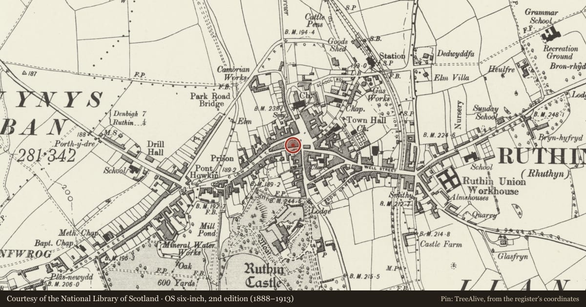 Ordnance Survey six-inch map, 2nd edition (1888–1913) covering the location of 4A Upper Clwyd Street, Ruthin, Denbighshire, with a pin at the register's coordinates