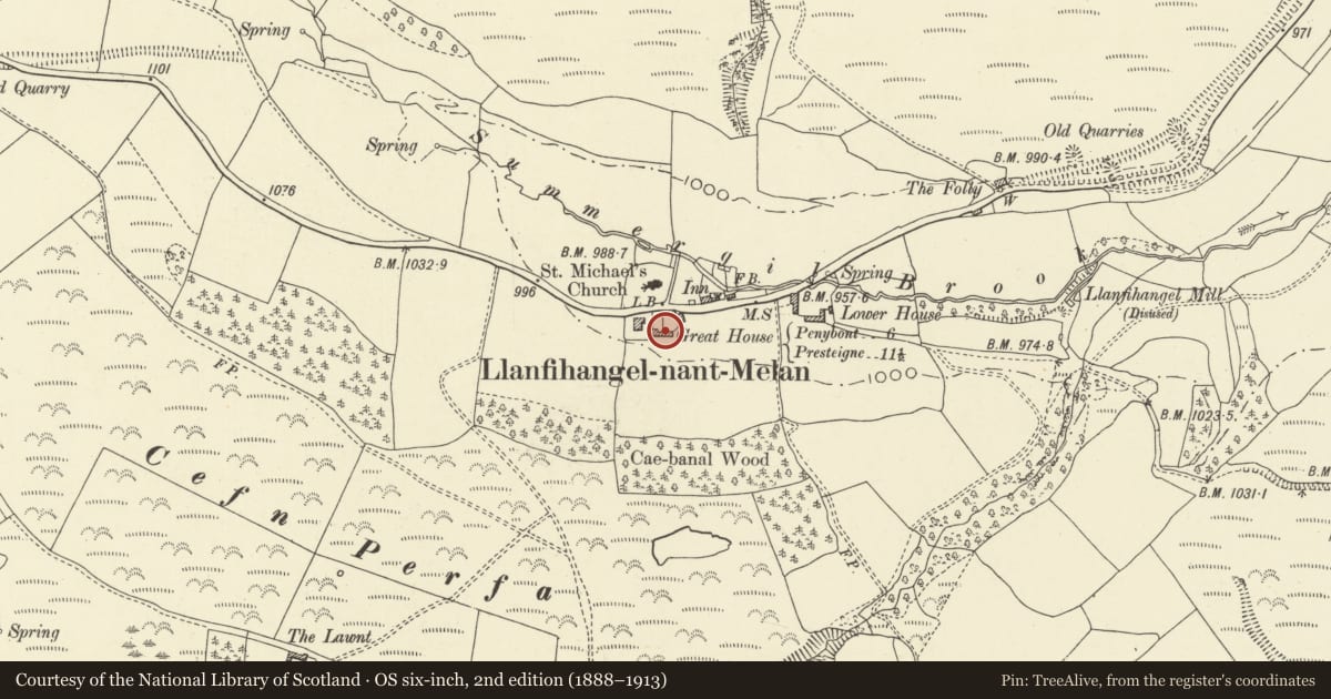 Ordnance Survey six-inch map, 2nd edition (1888–1913) covering the location of The Great House including attached Cowhouse, New Radnor, Powys, with a pin at the register's coordinates
