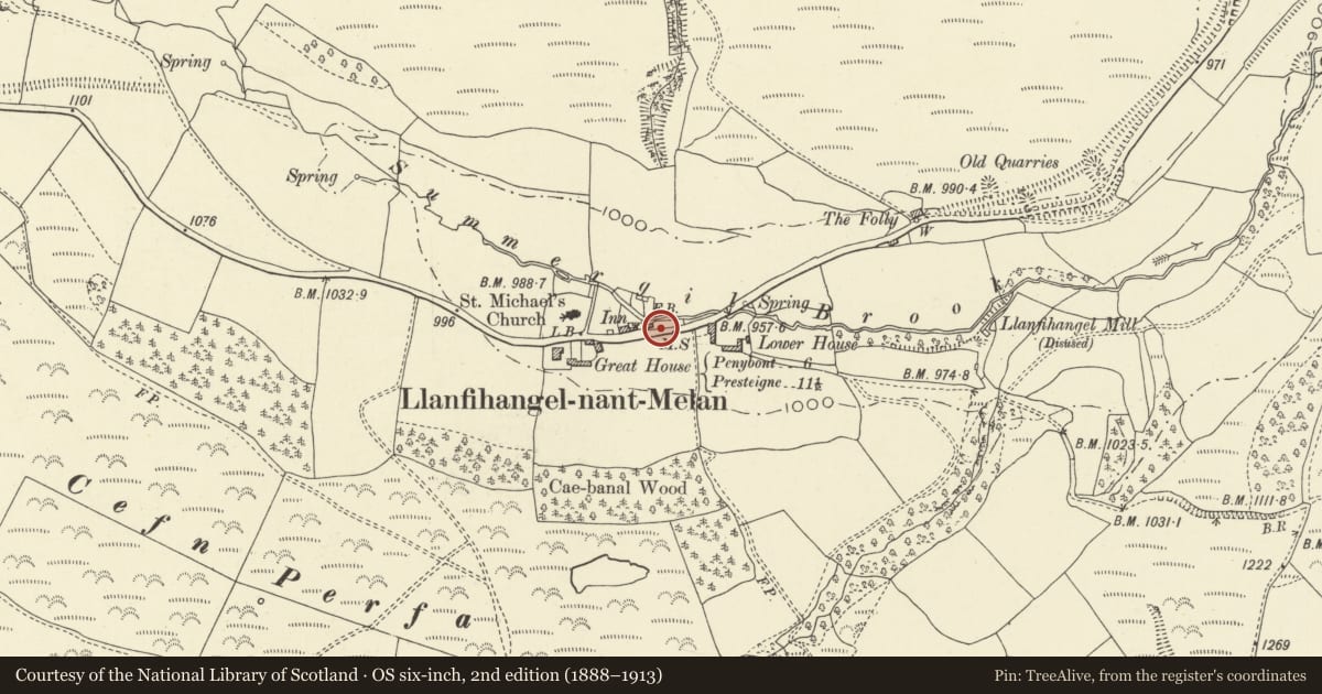 Ordnance Survey six-inch map, 2nd edition (1888–1913) covering the location of Milestone in Grass Verge outside Newhouse, New Radnor, Powys, with a pin at the register's coordinates