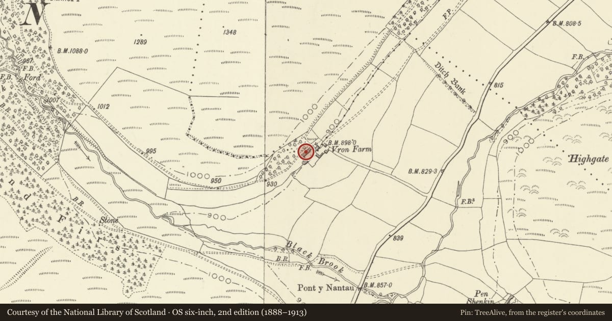Ordnance Survey six-inch map, 2nd edition (1888–1913) covering the location of Vron Farmhouse, New Radnor, Powys, with a pin at the register's coordinates