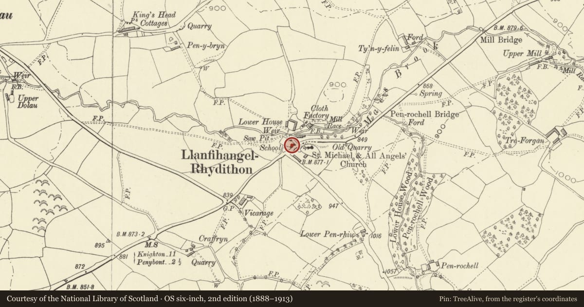 Ordnance Survey six-inch map, 2nd edition (1888–1913) covering the location of The Parish Hall, Llanfihangel Rhydithon, Powys, with a pin at the register's coordinates