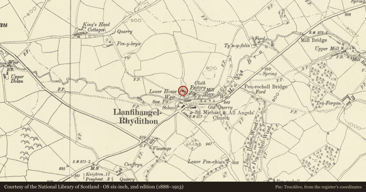 Ordnance Survey six-inch map, 2nd edition (1888–1913) covering the location of Part of L-Plan Range at Lower House Farm, Llanfihangel Rhydithon, Powys, with a pin at the register's coordinates