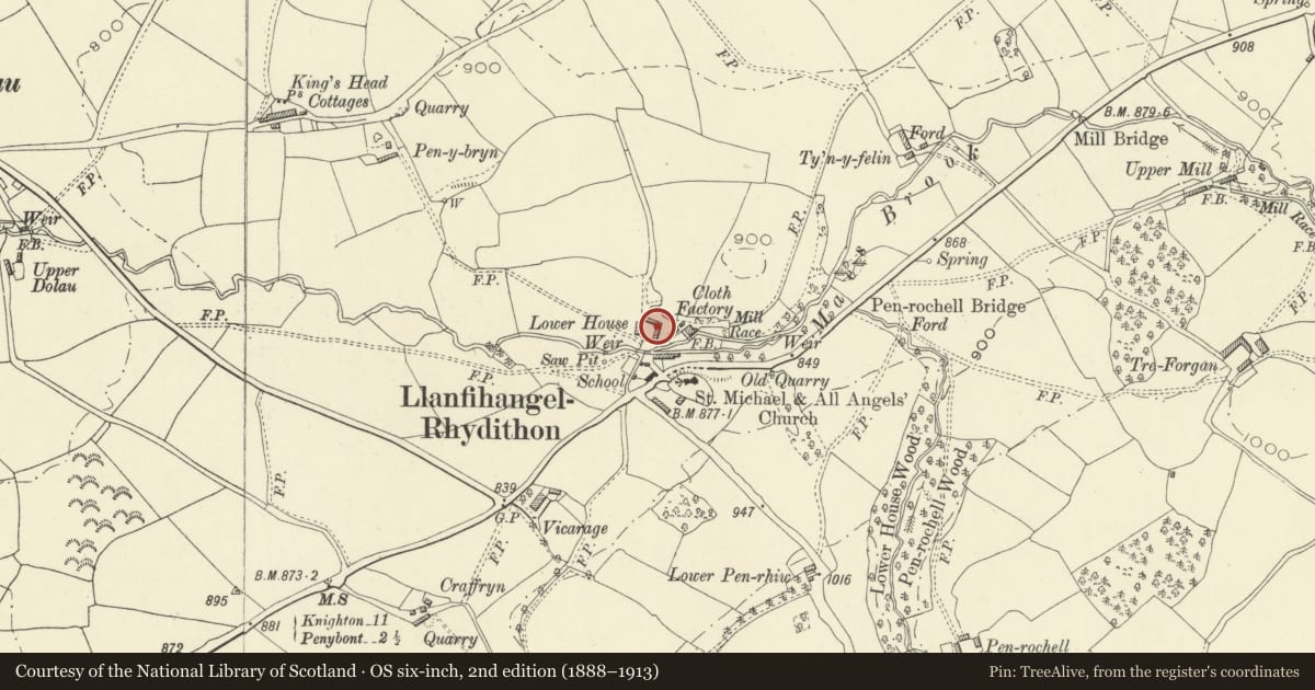 Ordnance Survey six-inch map, 2nd edition (1888–1913) covering the location of Part of L-Plan range at Lower House Farm, Llanfihangel Rhydithon, Powys, with a pin at the register's coordinates