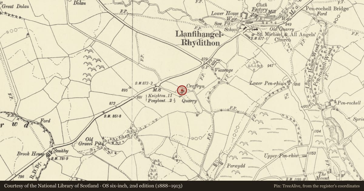 Ordnance Survey six-inch map, 2nd edition (1888–1913) covering the location of Craffryn, Llanfihangel Rhydithon, Powys, with a pin at the register's coordinates