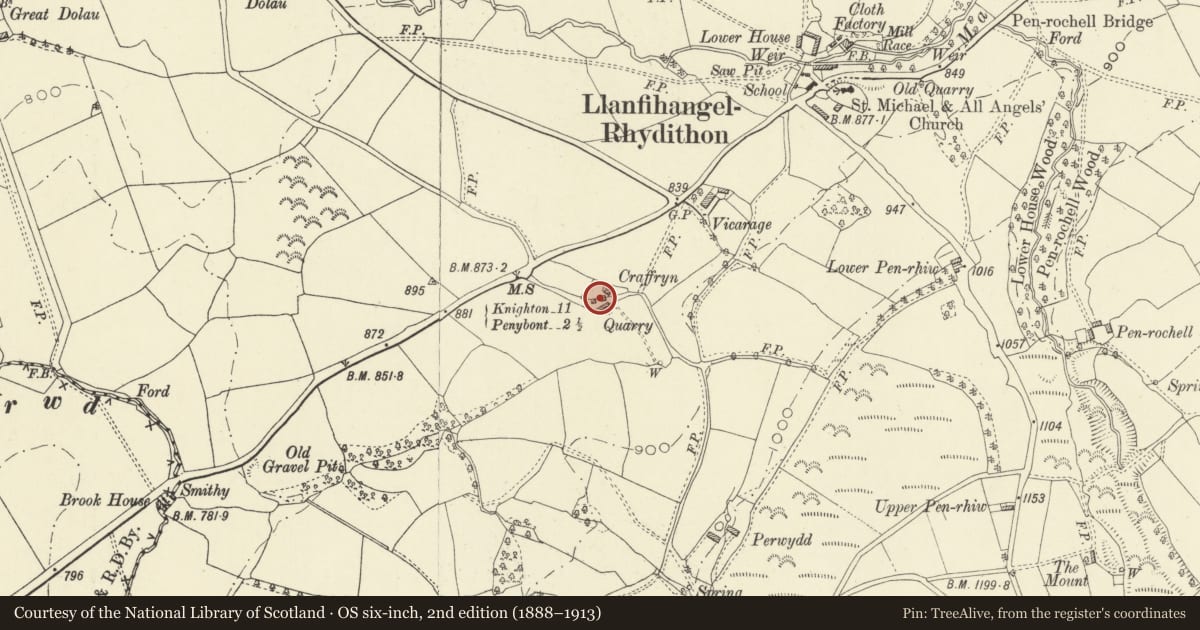 Ordnance Survey six-inch map, 2nd edition (1888–1913) covering the location of Outbuilding immediately to SW of Craffryn, Llanfihangel Rhydithon, Powys, with a pin at the register's coordinates