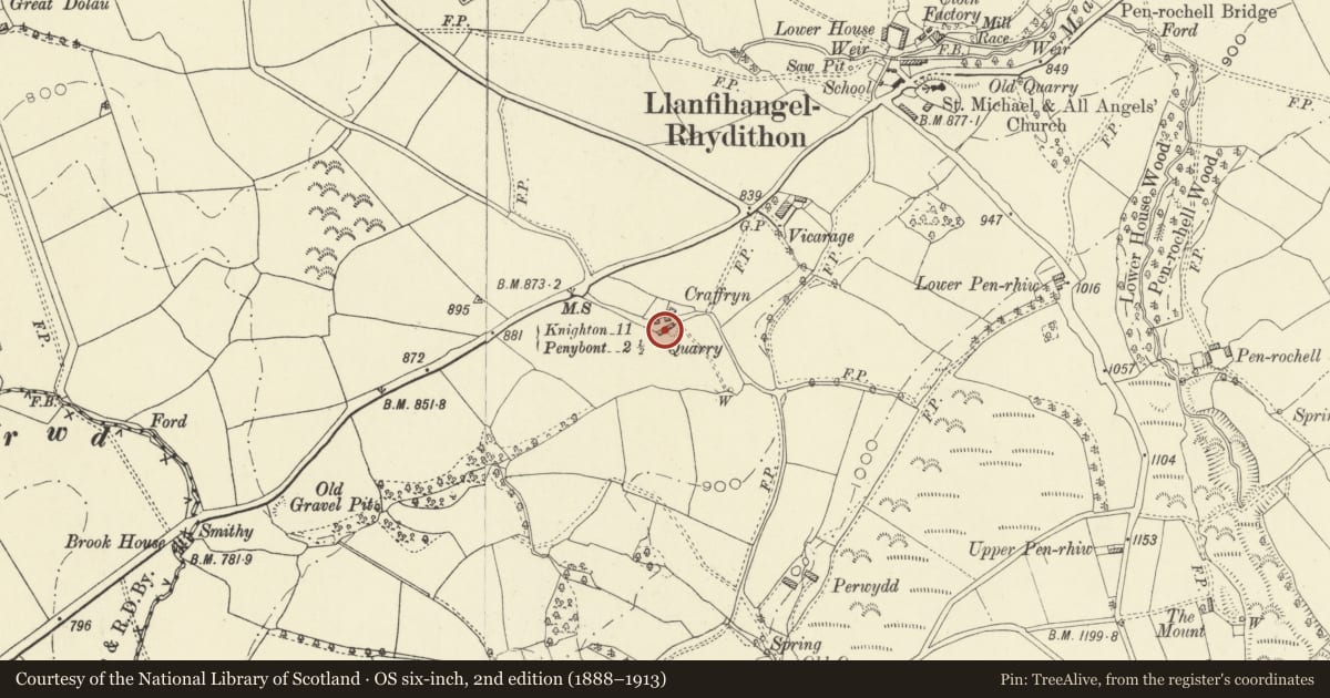 Ordnance Survey six-inch map, 2nd edition (1888–1913) covering the location of Barn/Cowhouse Range to Craffryn, Llanfihangel Rhydithon, Powys, with a pin at the register's coordinates