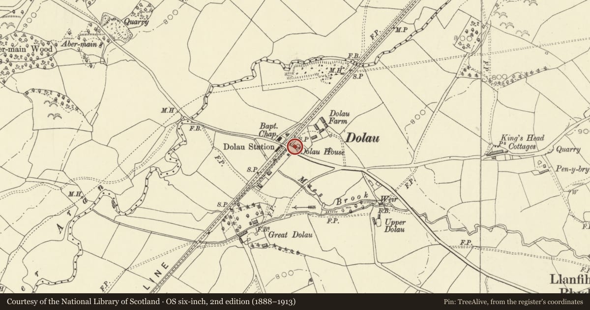 Ordnance Survey six-inch map, 2nd edition (1888–1913) covering the location of Dolau House (including forecourt railings and gate), Llanfihangel Rhydithon, Powys, with a pin at the register's coordinates