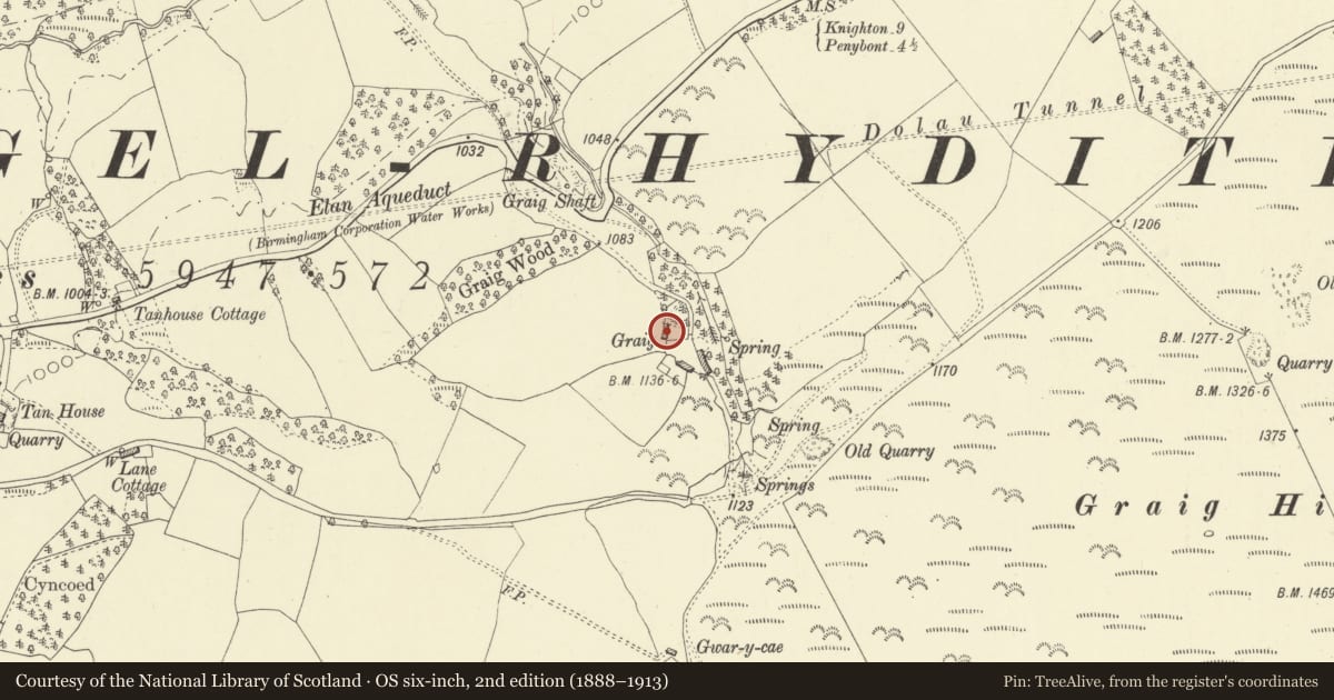 Ordnance Survey six-inch map, 2nd edition (1888–1913) covering the location of Graig Farmhouse, Llanfihangel Rhydithon, Powys, with a pin at the register's coordinates