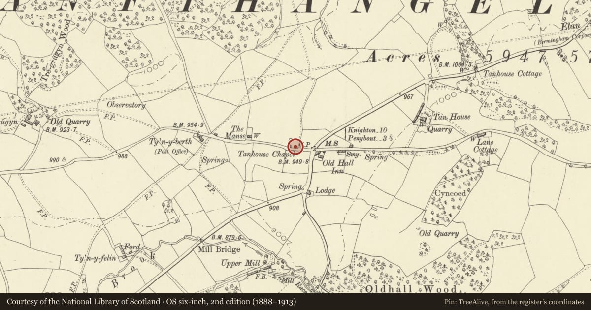 Ordnance Survey six-inch map, 2nd edition (1888–1913) covering the location of Tan House Chapel, Llanfihangel Rhydithon, Powys, with a pin at the register's coordinates