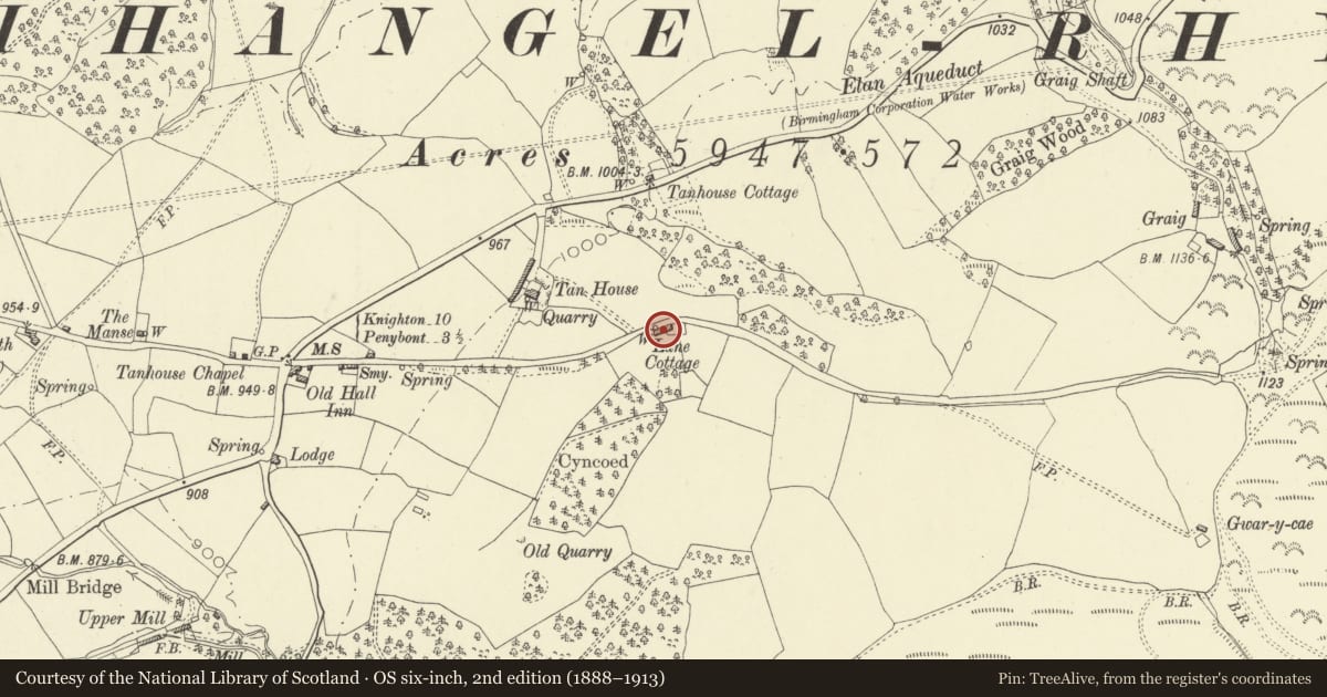 Ordnance Survey six-inch map, 2nd edition (1888–1913) covering the location of Lane Cottage, Llanfihangel Rhydithon, Powys, with a pin at the register's coordinates
