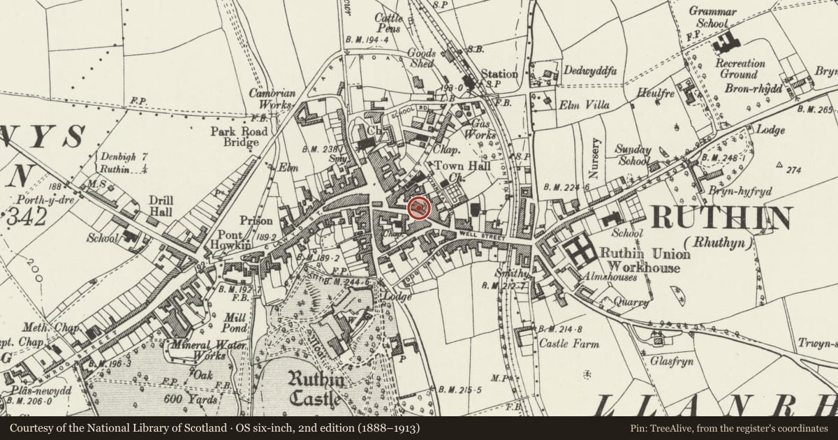 Ordnance Survey six-inch map, 2nd edition (1888–1913) covering the location of Crown House, Ruthin, Denbighshire, with a pin at the register's coordinates