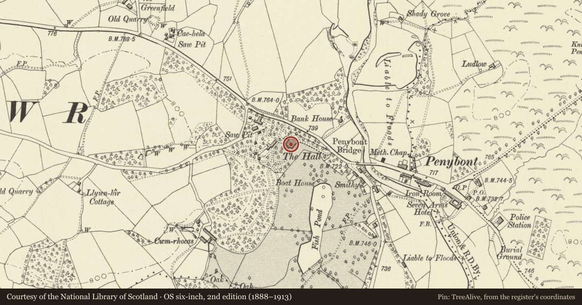 Ordnance Survey six-inch map, 2nd edition (1888–1913) covering the location of Penybont Hall, Powys, with a pin at the register's coordinates