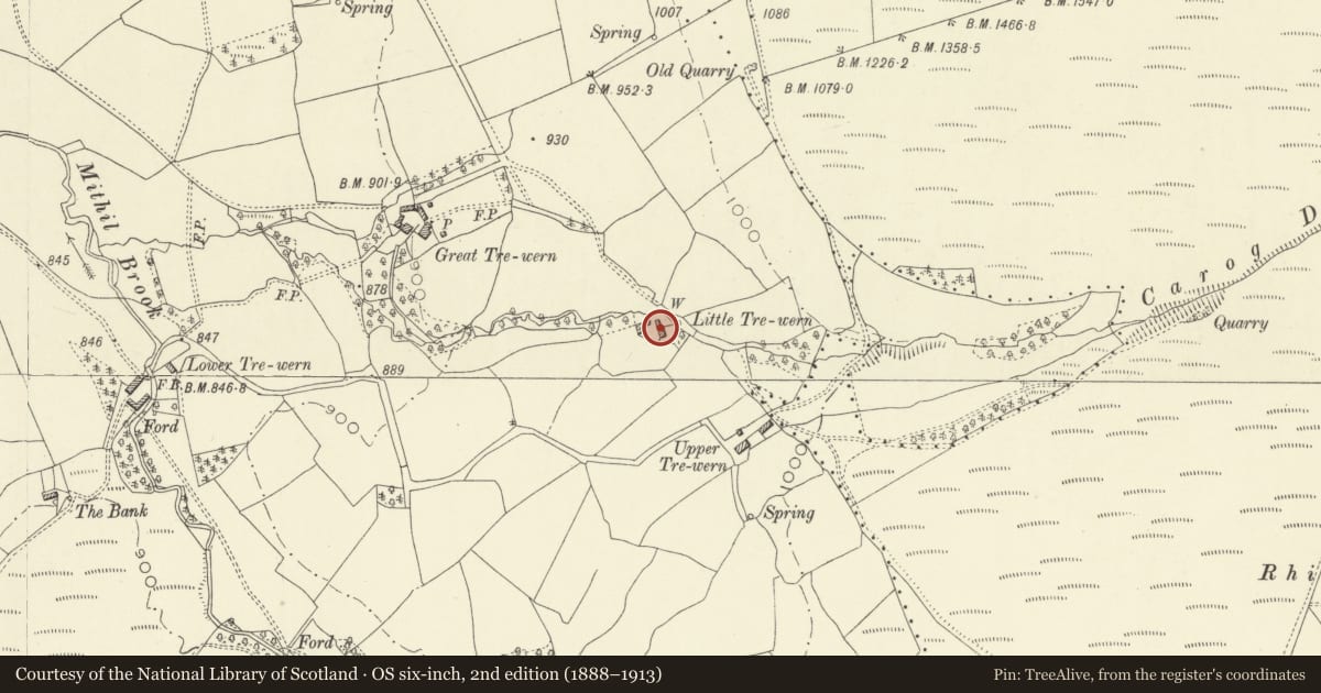 Ordnance Survey six-inch map, 2nd edition (1888–1913) covering the location of Little Trewern Farmhouse, Penybont, Powys, with a pin at the register's coordinates