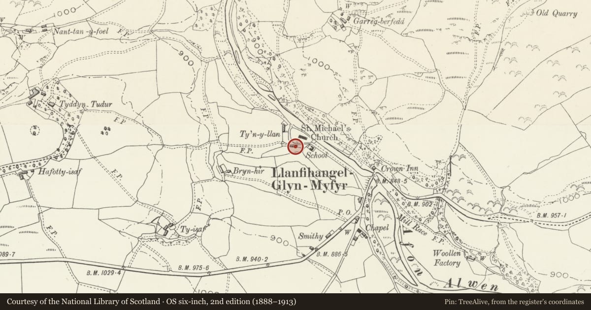 Ordnance Survey six-inch map, 2nd edition (1888–1913) covering the location of Tan-llan (The White Cottage), Llanfihangel Glyn Myfyr, Conwy, with a pin at the register's coordinates