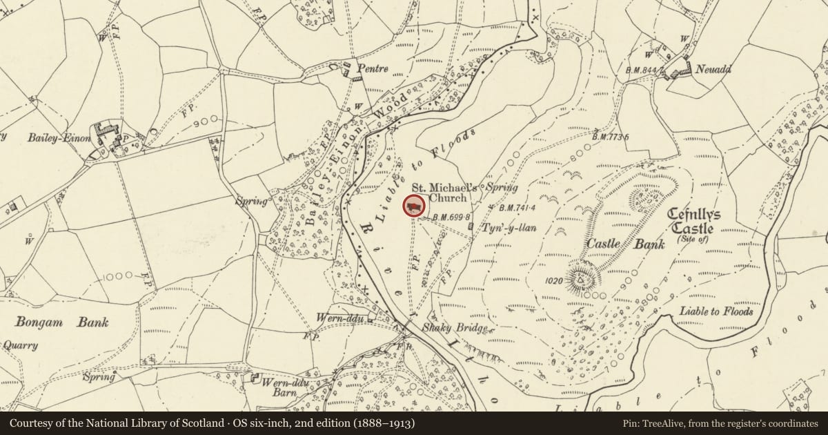 Ordnance Survey six-inch map, 2nd edition (1888–1913) covering the location of Church of St Michael, Penybont, Powys, with a pin at the register's coordinates