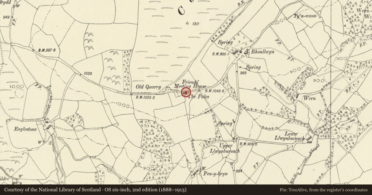 Ordnance Survey six-inch map, 2nd edition (1888–1913) covering the location of The Pales (Quaker Meeting House), Penybont, Powys, with a pin at the register's coordinates