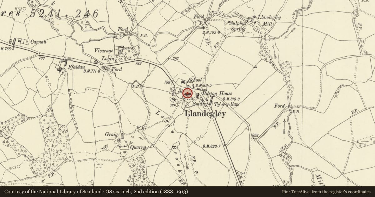 Ordnance Survey six-inch map, 2nd edition (1888–1913) covering the location of Church of St Tecla including the Churchyard with Tomb Chests, Penybont, Powys, with a pin at the register's coordinates
