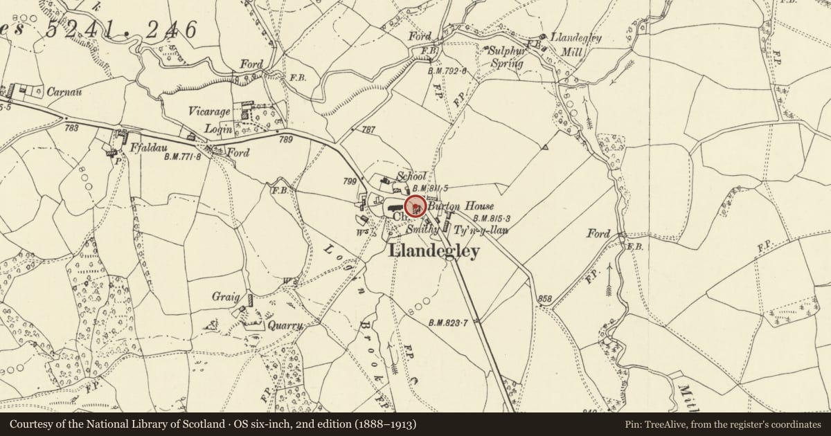 Ordnance Survey six-inch map, 2nd edition (1888–1913) covering the location of Burton House (formerly the Post Office), Penybont, Powys, with a pin at the register's coordinates