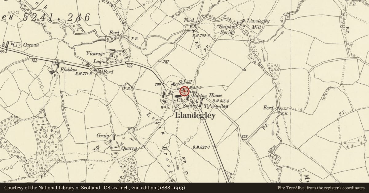 Ordnance Survey six-inch map, 2nd edition (1888–1913) covering the location of Telephone Call-box to NE of the Parish Church, Penybont, Powys, with a pin at the register's coordinates