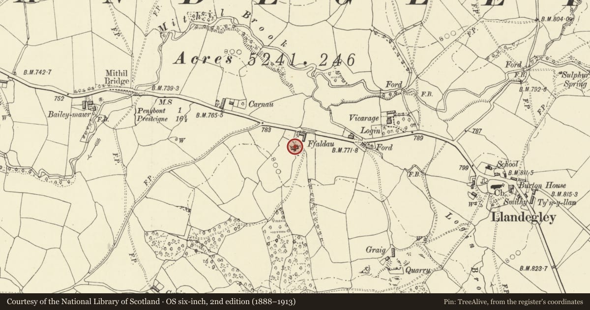 Ordnance Survey six-inch map, 2nd edition (1888–1913) covering the location of Ffaldau, Penybont, Powys, with a pin at the register's coordinates