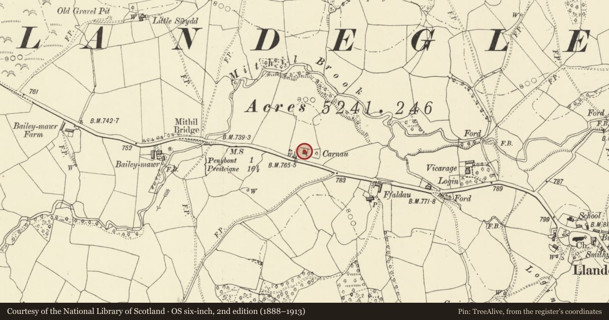 Ordnance Survey six-inch map, 2nd edition (1888–1913) covering the location of Carnau, Penybont, Powys, with a pin at the register's coordinates
