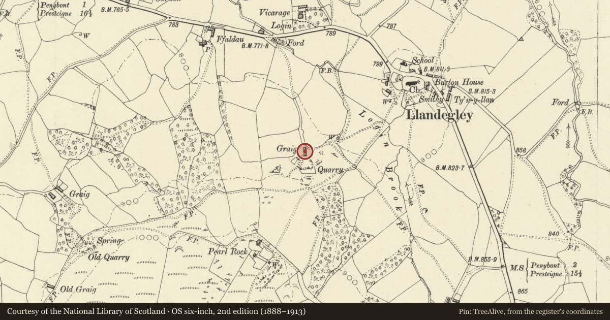 Ordnance Survey six-inch map, 2nd edition (1888–1913) covering the location of Outbuildings 10m NE of Little Graig, Penybont, Powys, with a pin at the register's coordinates