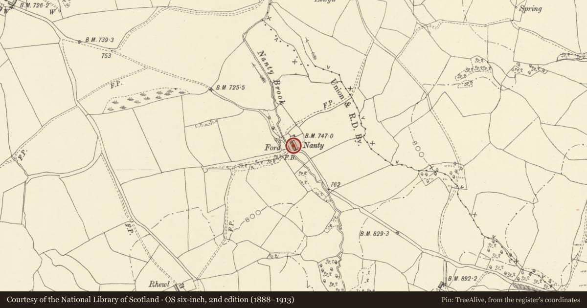 Ordnance Survey six-inch map, 2nd edition (1888–1913) covering the location of Outbuilding immediately SEof Nantddu farmhouse, Penybont, Powys, with a pin at the register's coordinates
