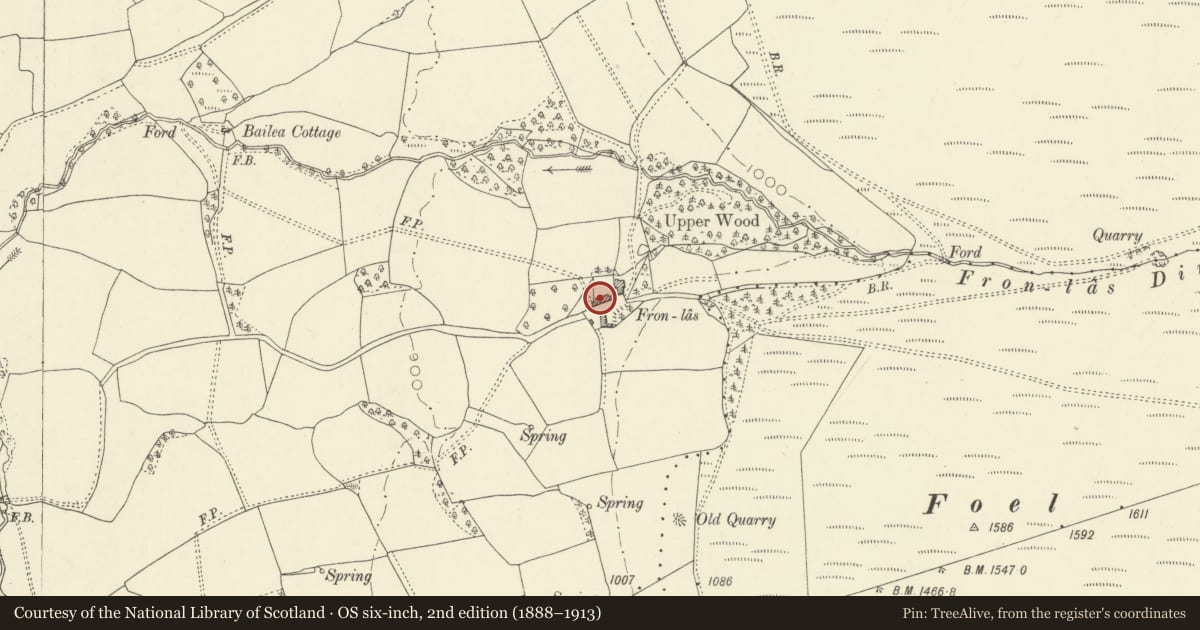 Ordnance Survey six-inch map, 2nd edition (1888–1913) covering the location of Barn range 50m SW of old farmhouse at Vronlase, Penybont, Powys, with a pin at the register's coordinates