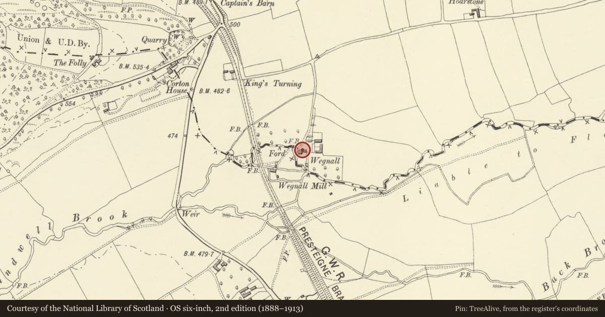 Ordnance Survey six-inch map, 2nd edition (1888–1913) covering the location of Wegnall Cottage, Presteigne, Powys, with a pin at the register's coordinates