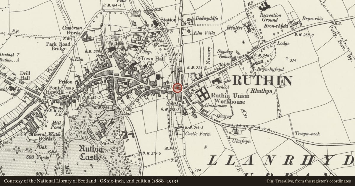 Ordnance Survey six-inch map, 2nd edition (1888–1913) covering the location of 59-61 Well Street, Ruthin, Denbighshire, with a pin at the register's coordinates