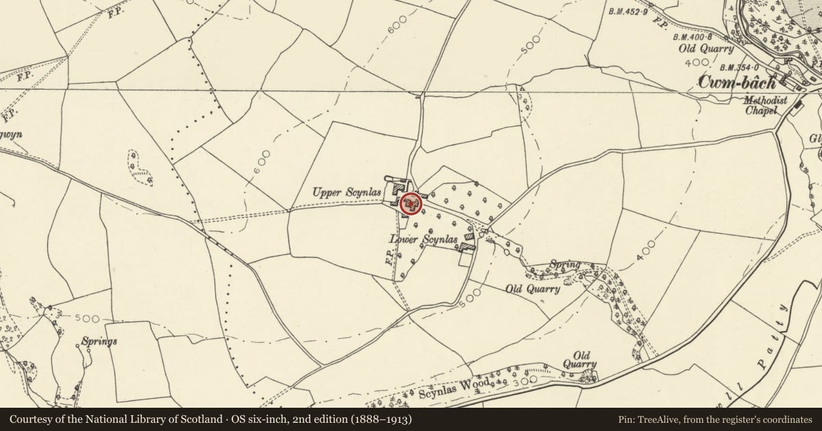 Ordnance Survey six-inch map, 2nd edition (1888–1913) covering the location of Upper Skynlais (Sgyn-las) Farmhouse, Glasbury, Powys, with a pin at the register's coordinates