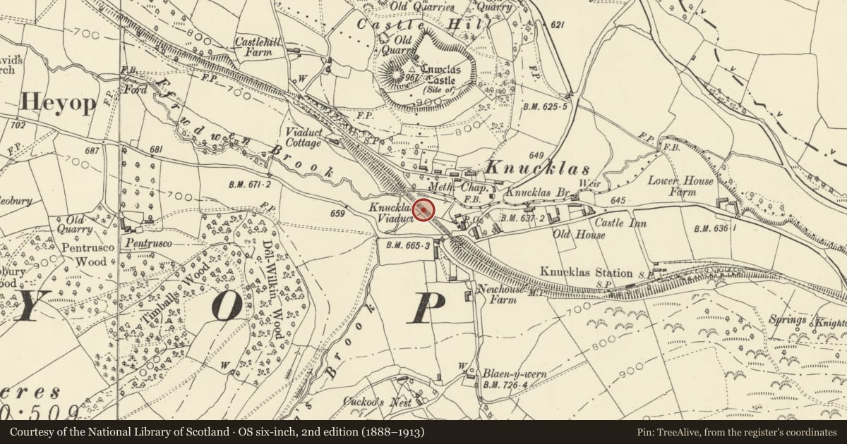 Ordnance Survey six-inch map, 2nd edition (1888–1913) covering the location of Knucklas Railway Viaduct, Beguildy, Powys, with a pin at the register's coordinates