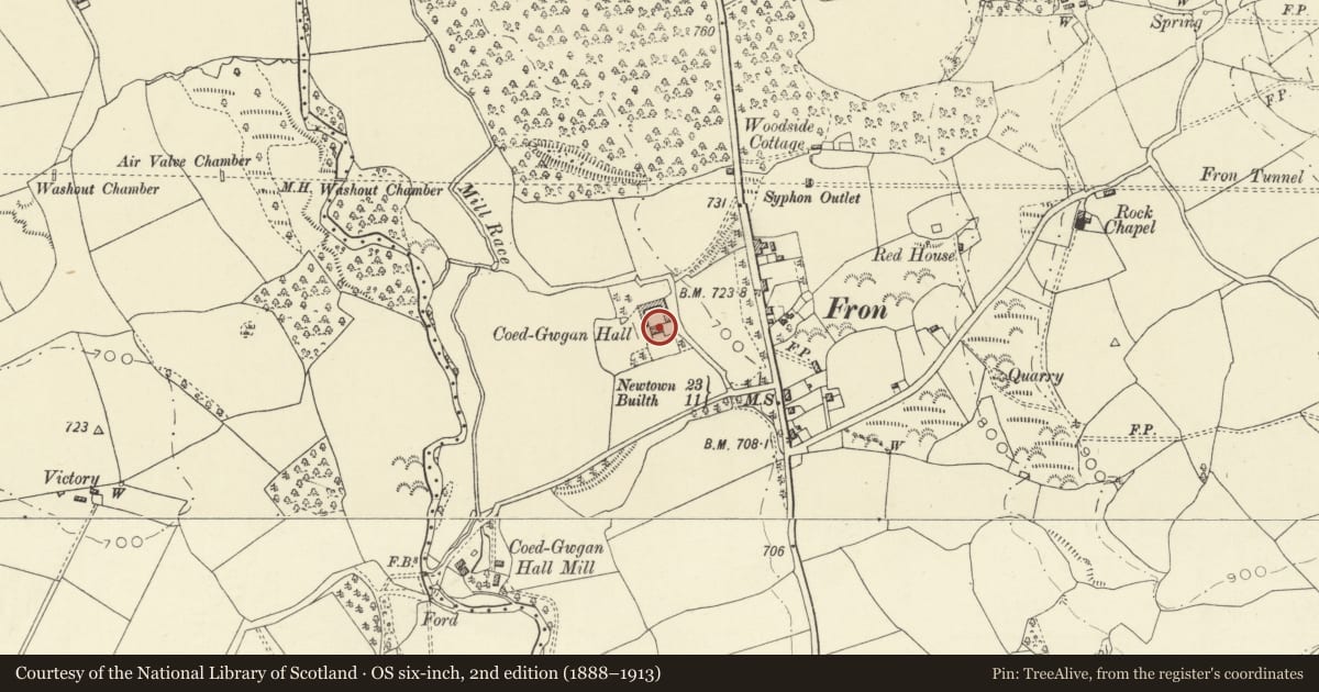 Ordnance Survey six-inch map, 2nd edition (1888–1913) covering the location of Coedgwgan Hall, Llanbadarn Fawr, Powys, with a pin at the register's coordinates