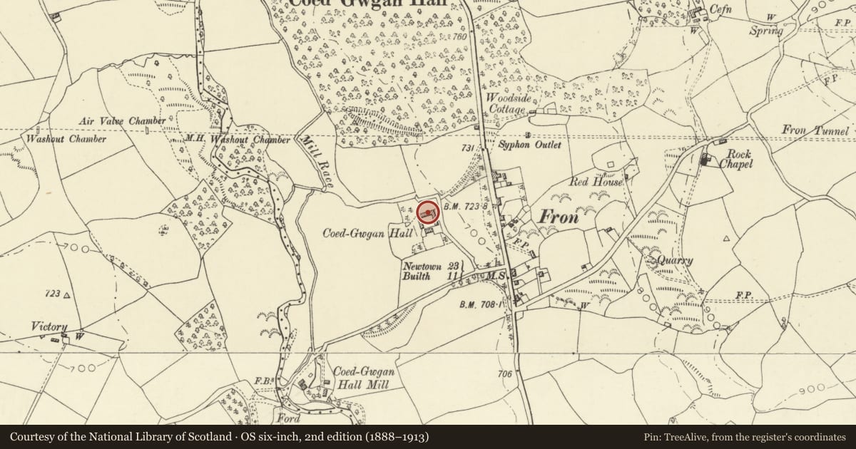 Ordnance Survey six-inch map, 2nd edition (1888–1913) covering the location of U-plan farm ranges at Coedgwgan Hall, Llanbadarn Fawr, Powys, with a pin at the register's coordinates