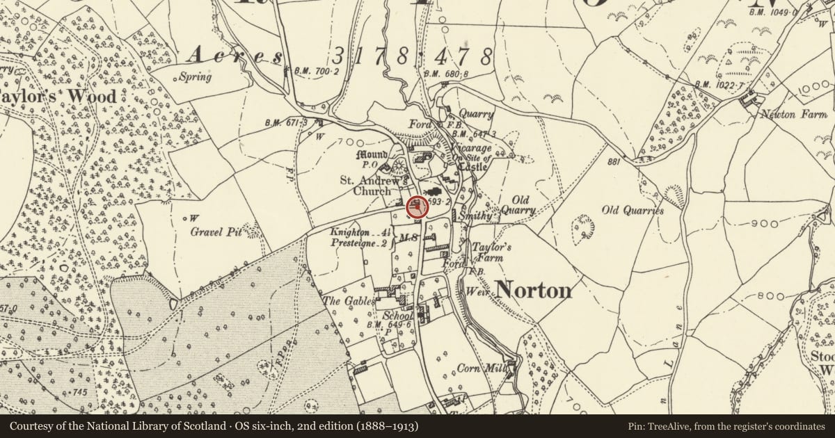 Ordnance Survey six-inch map, 2nd edition (1888–1913) covering the location of Telephone Call-Box at S.corner with Mynd Road, opposite parish churchyard B4355, Norton, Presteigne, Powys, with a pin at the register's coordinates