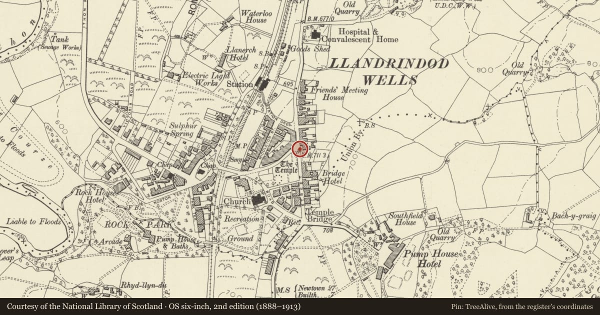 Ordnance Survey six-inch map, 2nd edition (1888–1913) covering the location of Communications, Llandrindod Wells, Powys, with a pin at the register's coordinates