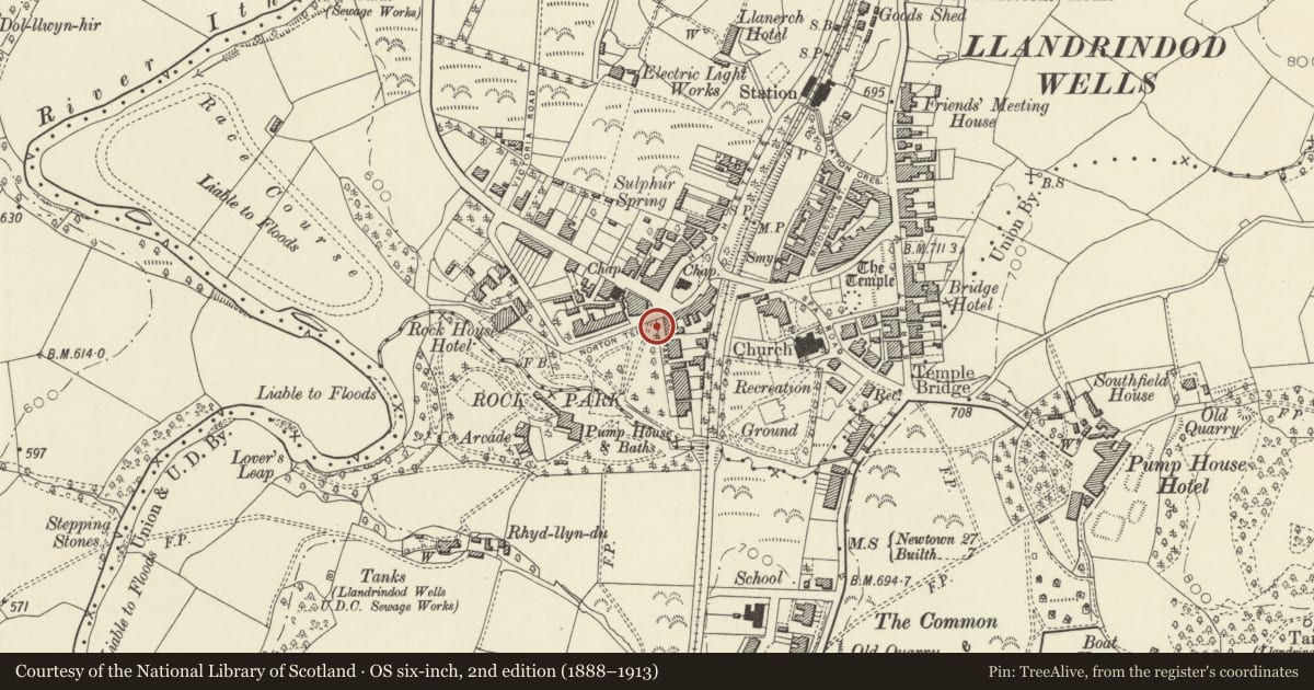 Ordnance Survey six-inch map, 2nd edition (1888–1913) covering the location of Telephone Call-box to rear of pavement close to junction with Norton Terrace, Llandrindod Wells, Powys, with a pin at the register's coordinates