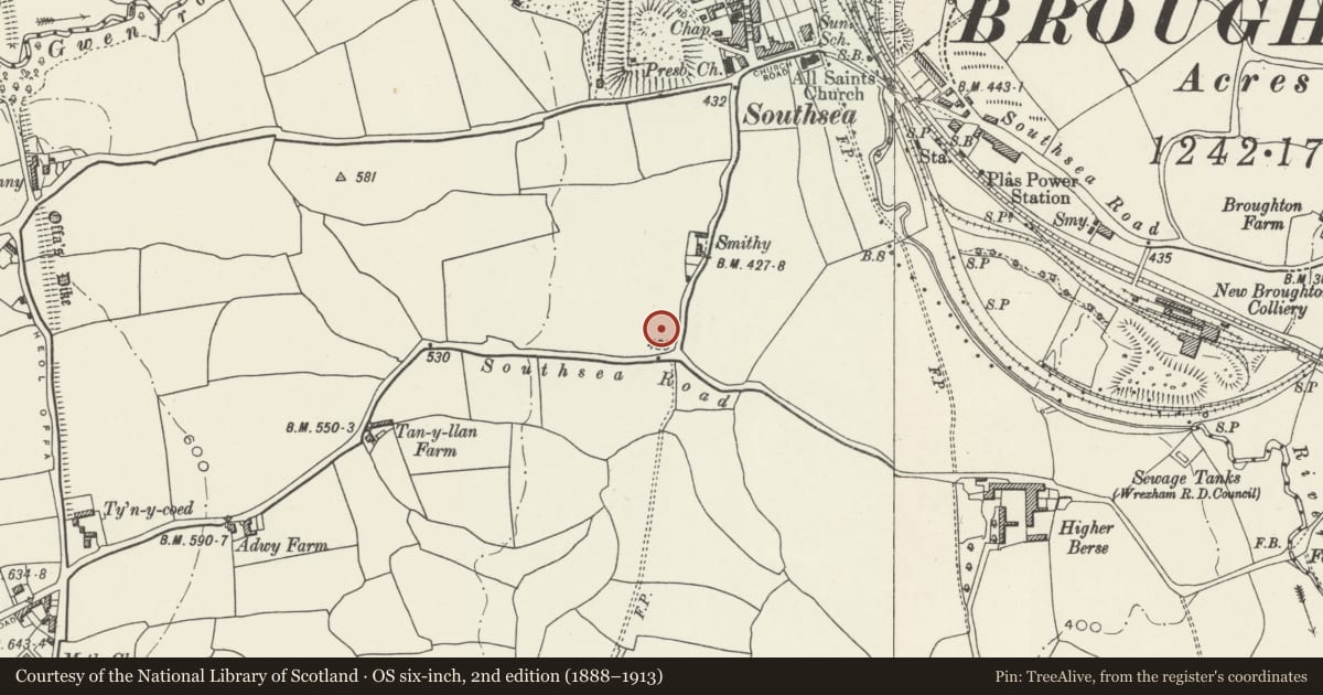 Ordnance Survey six-inch map, 2nd edition (1888–1913) covering the location of The Vicarage, Broughton, Wrexham, with a pin at the register's coordinates