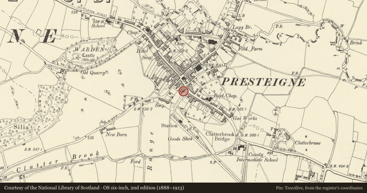 Ordnance Survey six-inch map, 2nd edition (1888–1913) covering the location of Telephone Call-box on pavement adjacent to Harford House, Presteigne, Powys, with a pin at the register's coordinates