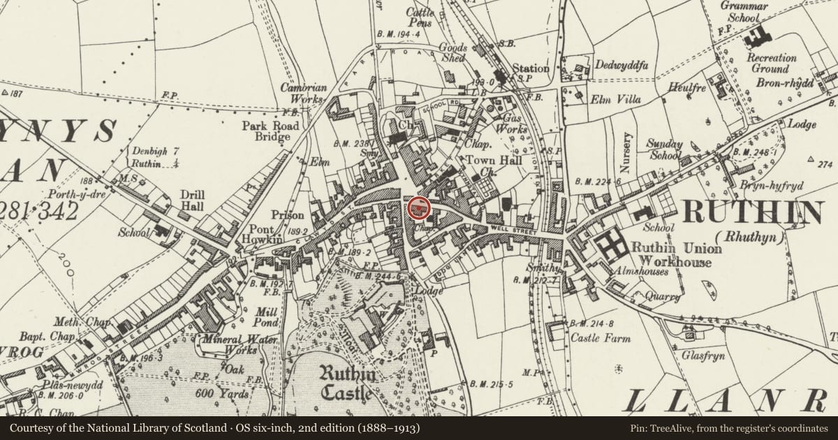 Ordnance Survey six-inch map, 2nd edition (1888–1913) covering the location of 4 Well Street, Ruthin, Denbighshire, with a pin at the register's coordinates